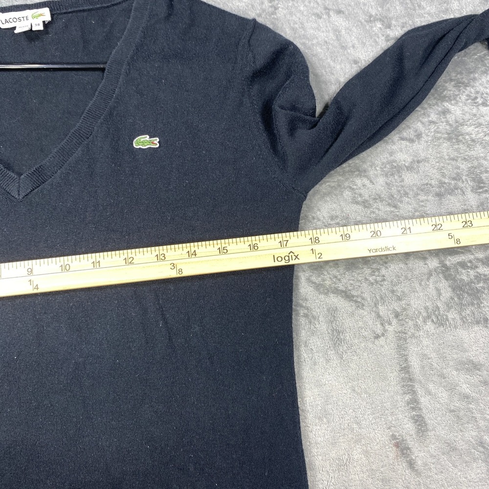 Lacoste Sweater Women 38 Medium Black V Neck 100% Cotton Long Sleeve Knit - Picture 7 of 8
